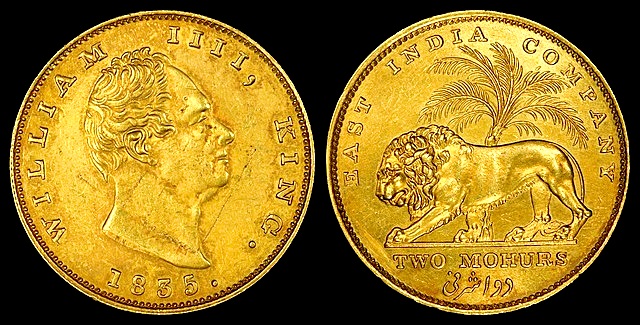 Wertvolle 2 Mohurs Goldmünze aus dem Jahr 1835 von Britisch Indien